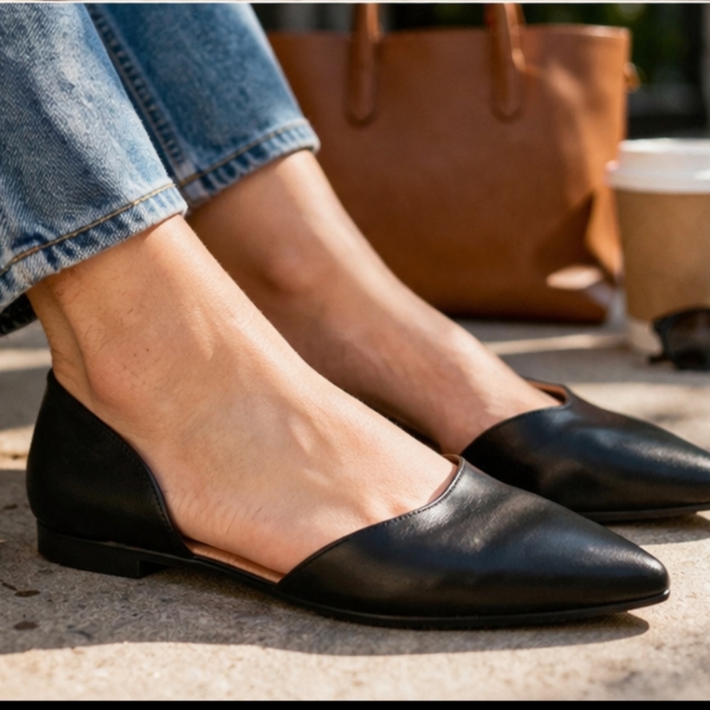 Marc Fisher LTD Black Leather Flats Pointed Toe D’Orsay Size 6.5 Classic Minimal